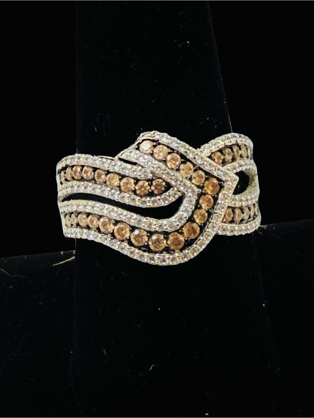 Sterling Silver 925 Brown Quartz White Round CZ Chevron Twist Bella Luce Size 8